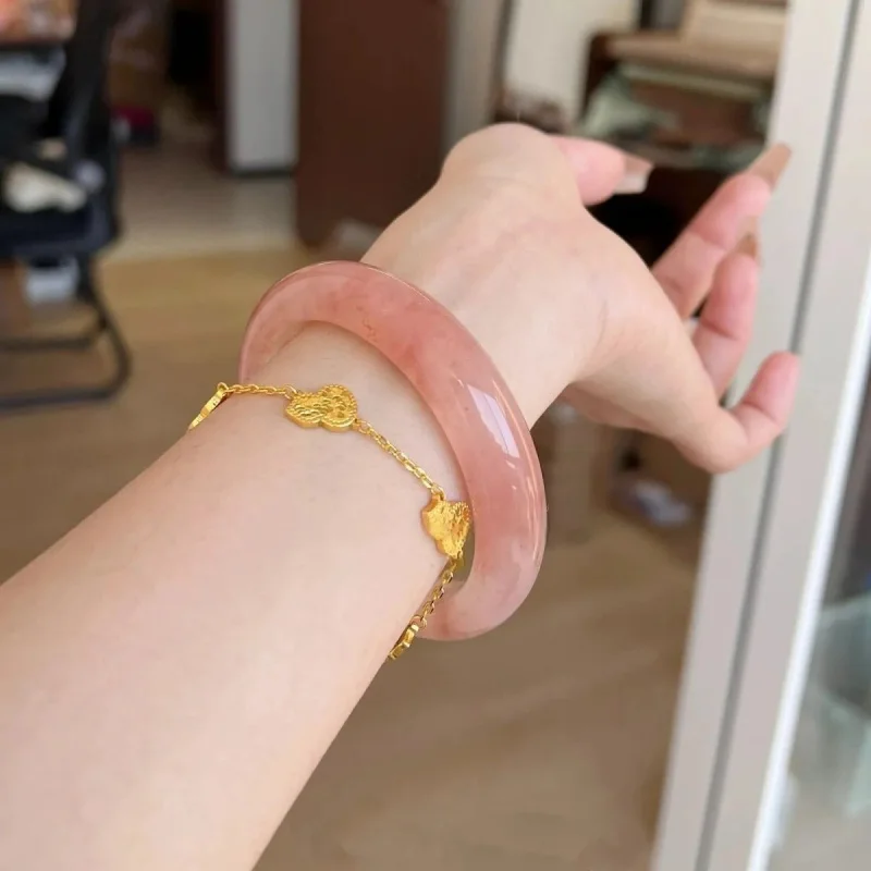 

Natural Golden Silk Peach Blossom , Pink and Delicate Bangle for Girls, New Chinese Style Jade Bracelet