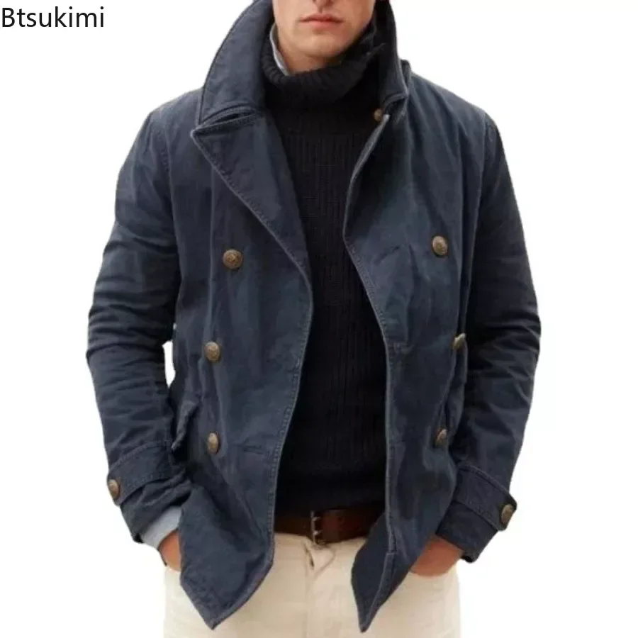 New2024 Men's Casual Long Sleeve Jacket Coat Cardigan England Turn-down Collar Double Breasted Warm Jackets Men Streetwear Coats