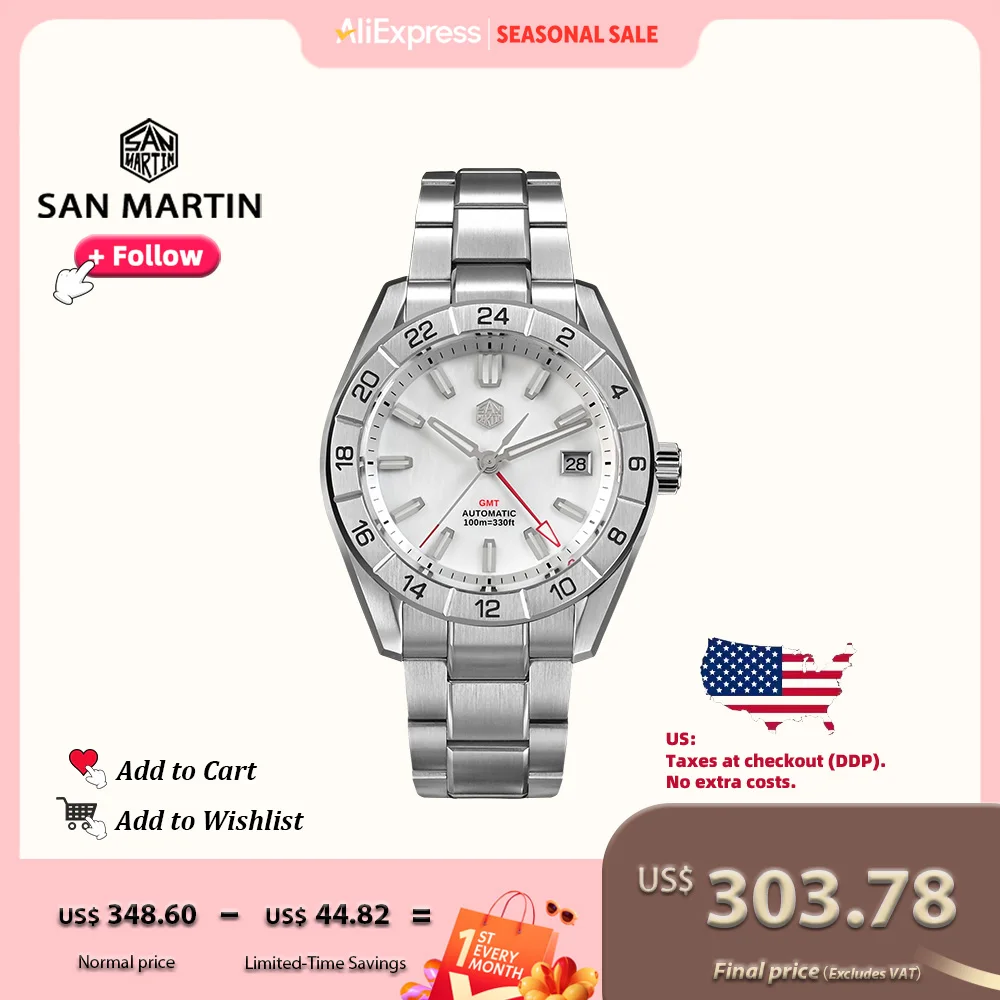 

San Martin 42mm Luxury Stainless Steel Chinese Men Watch NH34 GMT Automatic Mechanical Watches MOP Dial Waterproof 10Bar SN0130