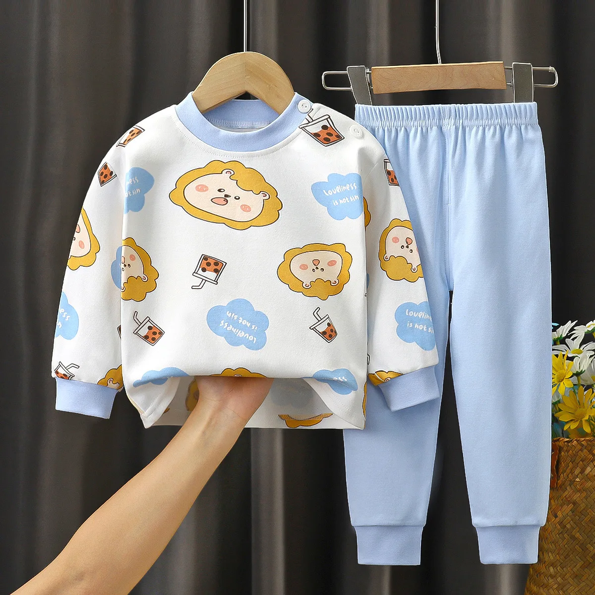 Autumn New Childrens Boys 2PCS Pajamas Set Pure Cotton Warm Printed Tops Loose Cartoon Pants Suit Kids Baby Boys Sleepwears