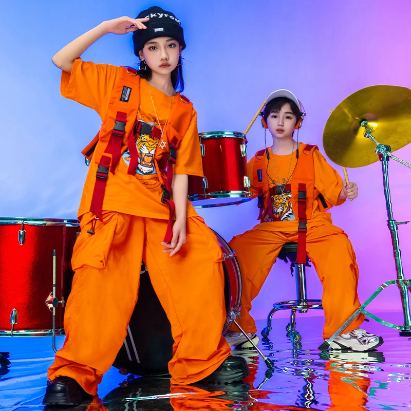 Boys Hip Hop Orange Tshirt Street Dance Pants Girls Hip Hop Blouse Baggy Sweatpants Children Streetwear Kids Jazz Clothes Sets