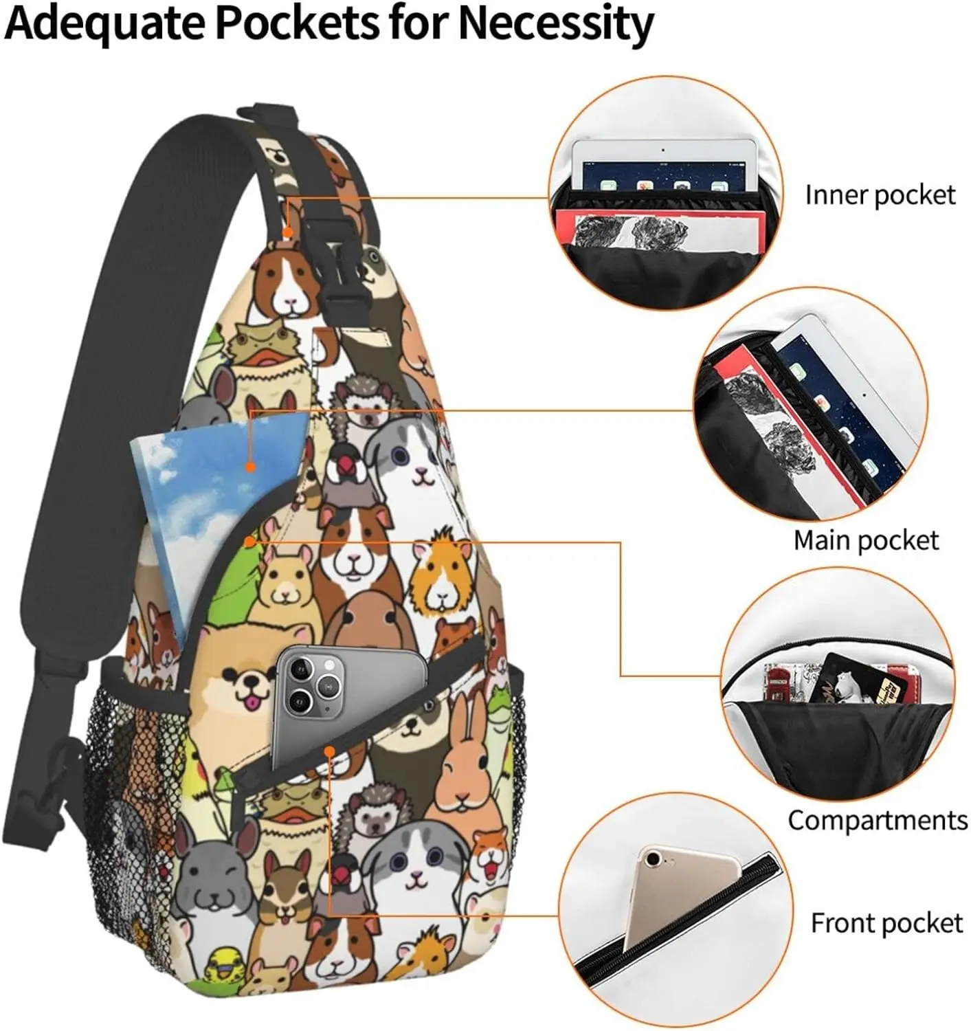 Bunny Cartoon Animals Sling Bag para homens e mulheres, mochila crossbody, bolsa de ombro unissex, viagem, casual, caminhada, alça ajustável