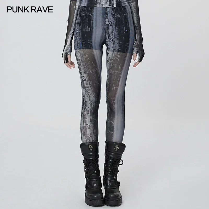 

PUNK RAVE Women's The Post-apocalyptic Printing Techwear Tight Mesh Leggings Personality Trousers Women 2 Colors