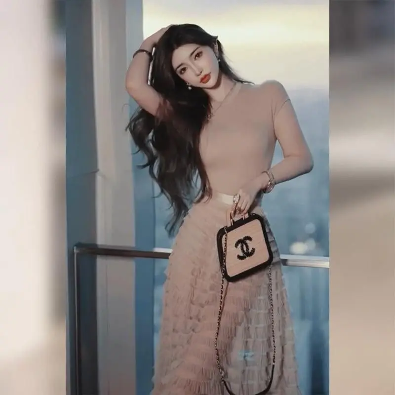 

Ele ort Sve T-irt Top Women's Elastic Waist Fairy Me Skirt Cake Skirt Net Me Two-Piece Set Korean Sle High W...