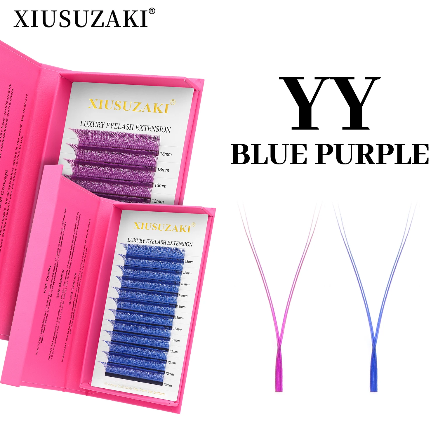 XIUSUZAKI Colored YY Shaped Eyelash Extensions Blue Purple Doubles Tips YY Premade Volume Fans Lashes Natural Soft False Lashes