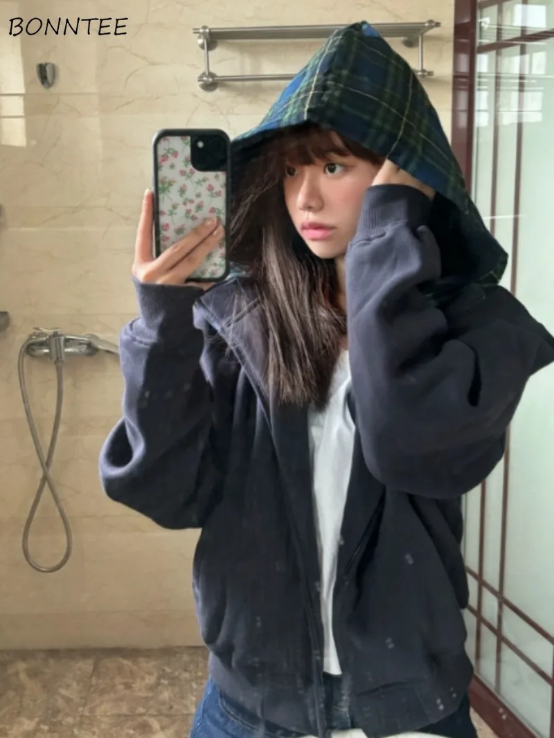 

Jackets Women Loose Fit Preppy Style Hooded Ins Plus Velvet Thickened Autumn Winter Outerwear Zipper All-match Daily Students