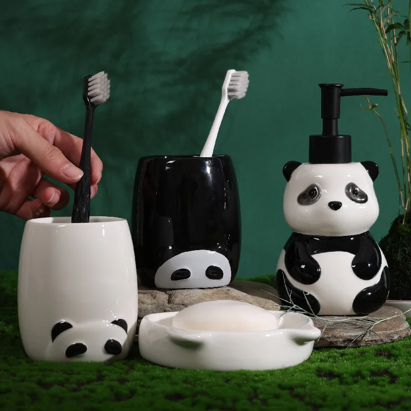 soap dispenser Panda hand-painted ceramic bathroom four piece bathroom kit lotion bottle mouthwash cup soap dish hotel bathroom