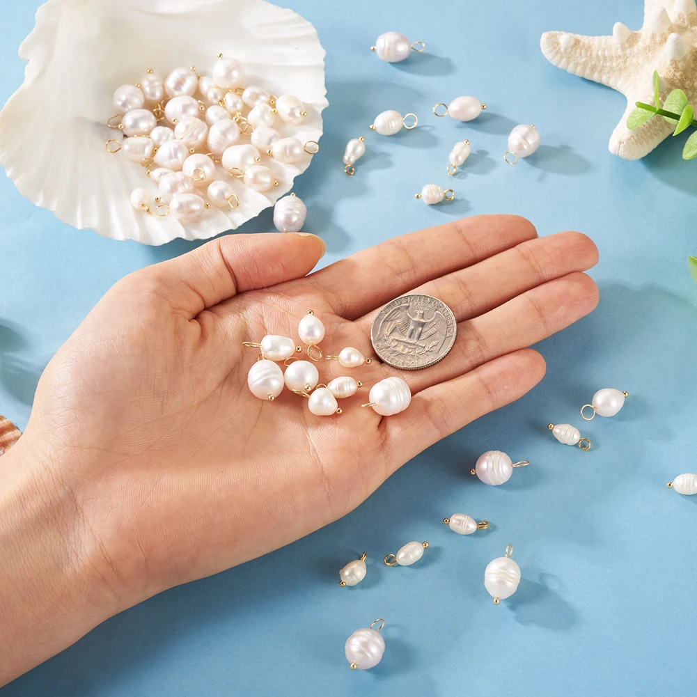 60Pcs Natural Cultured Freshwater White Pearl Charms Rice Shape Golden Color Pendants for Earring Choker Necklace Jewelry Making