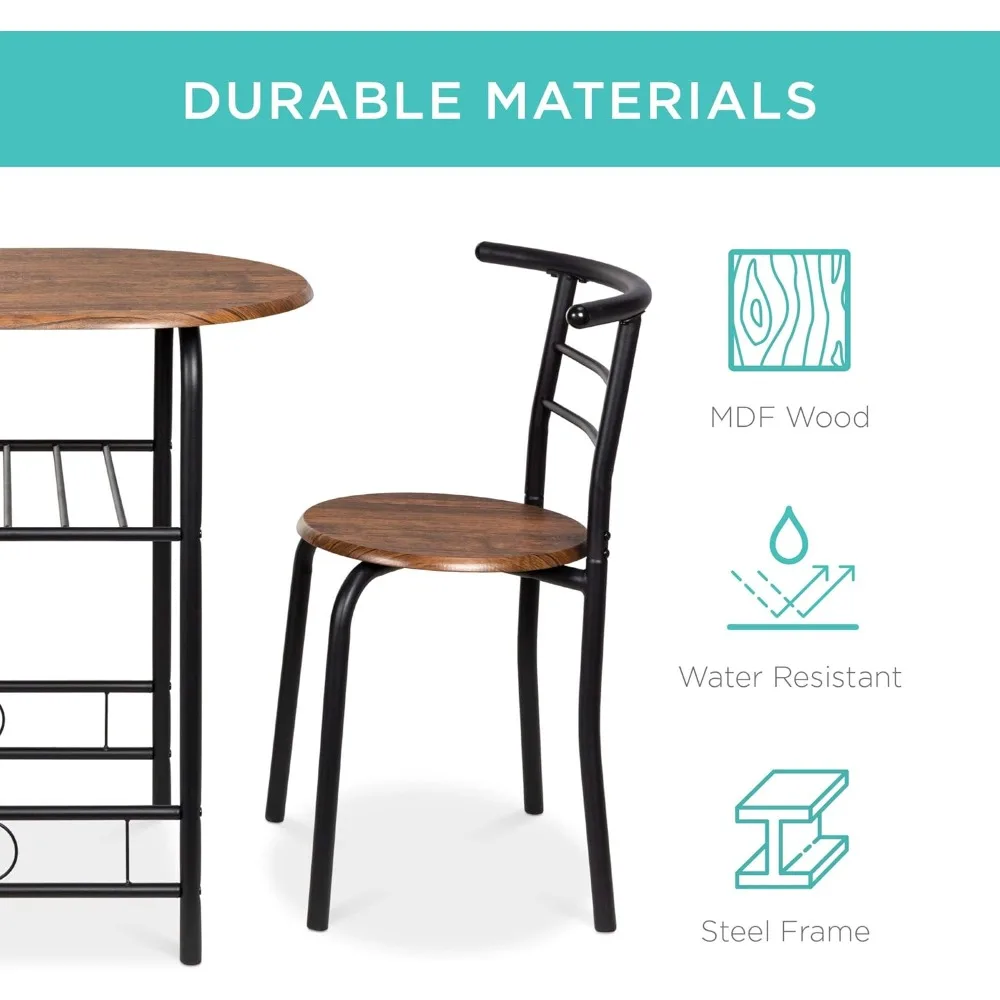 キッチン、ダイニングルーム、コンパクトスペース用の3ピース木製丸テーブル＆チェアセット、スチールフレーム、内蔵ワインラック付き