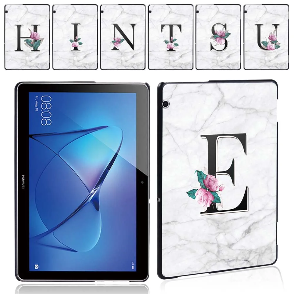Tablet Case for Huawei MediaPad T3 10 9.6 Inch Lightweight Anti-fall White Marble Letters Plastic Back Shell + Free Stylus