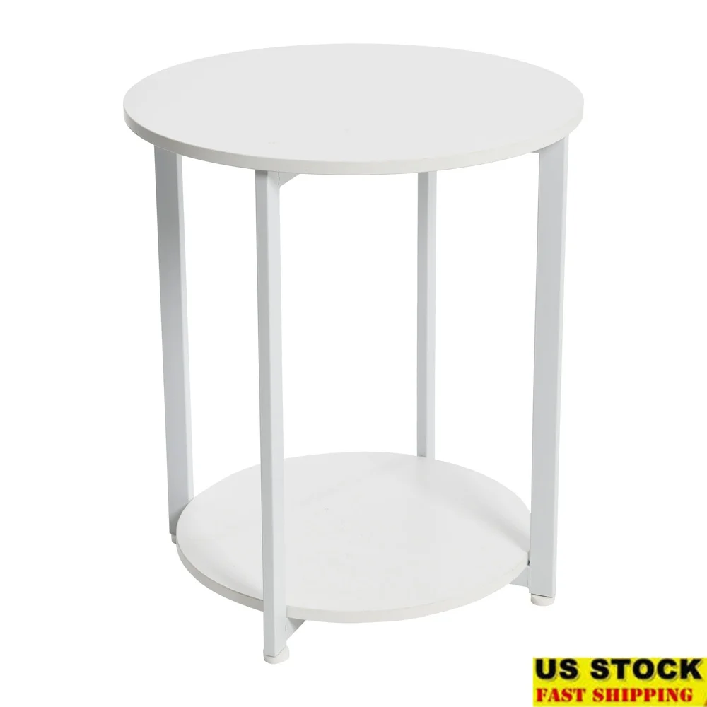 

Round End Table with Storage Shelf Minimalist Scandinavian Design White Metal Frame Engineered Wood Easy Assembly Indoor Use