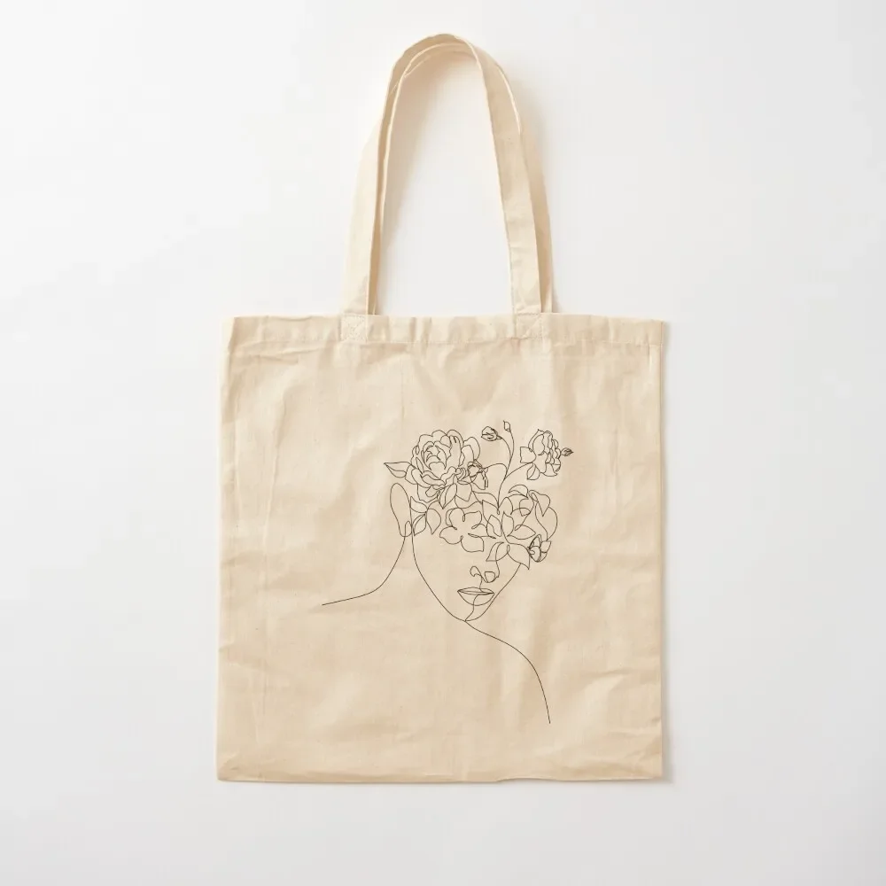 Flower Head Woman Art Woman With Plants on Head Flower Woman With Flower Head Line Drawing with peony Tote Bag