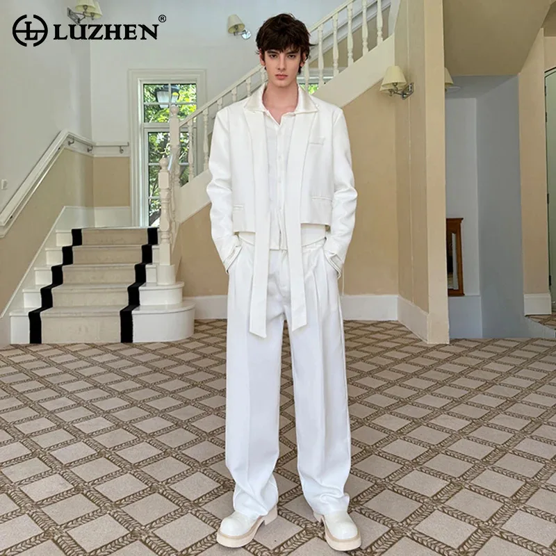 

LUZHEN Elegant Temperament Solid Color Two-piece Sets Fashion 2025 Men Original Ribbon Decorate Blazer Coat Casual Pants JY4112