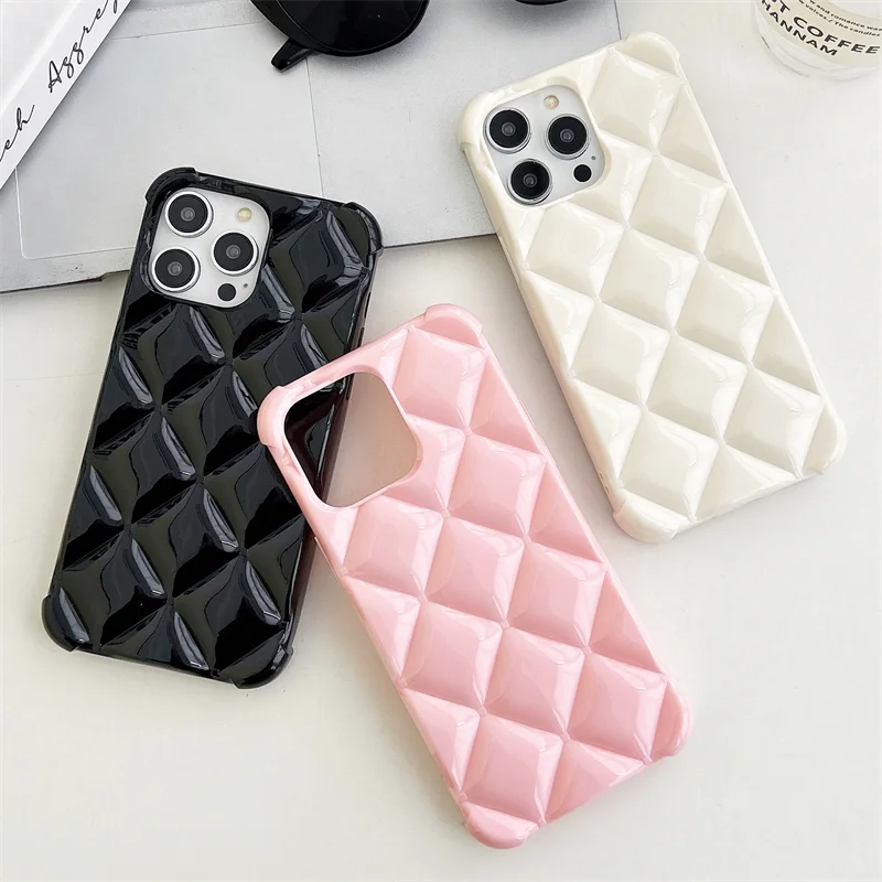 Fashion Girly Diamond Pattern Candy Case For iPhone 16 15 14 Plus 13 12 Mini 11 Pro Max Shockproof Airbag Frame Cushion Coque