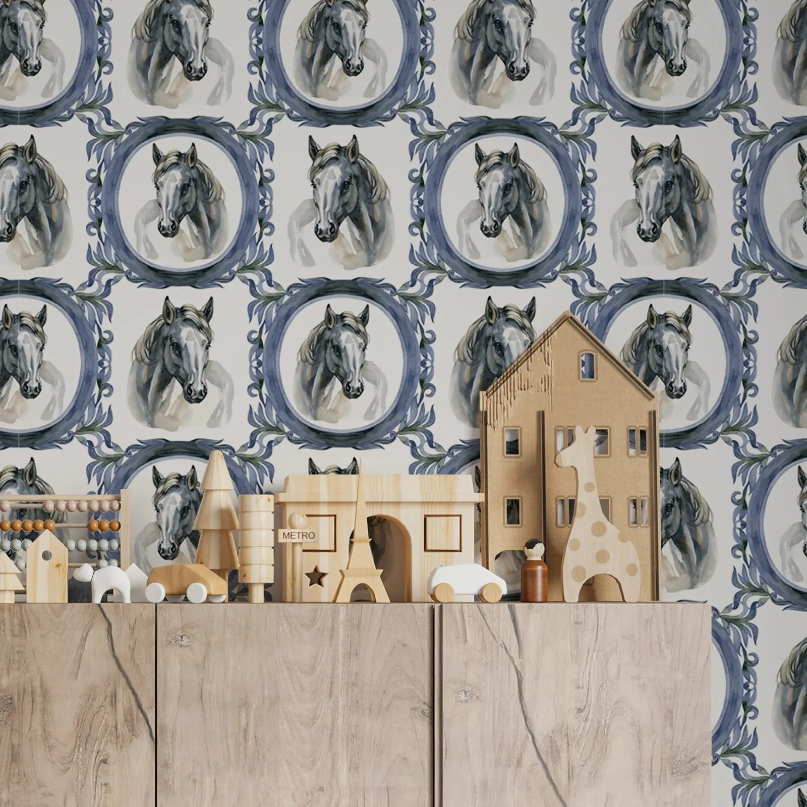 Horse Toile Wallpaper Peel and Stick ,French Wallpapers Roll,Vintage Wall Mural For Wall Decor,Self-adhesive Or Tradition Papers