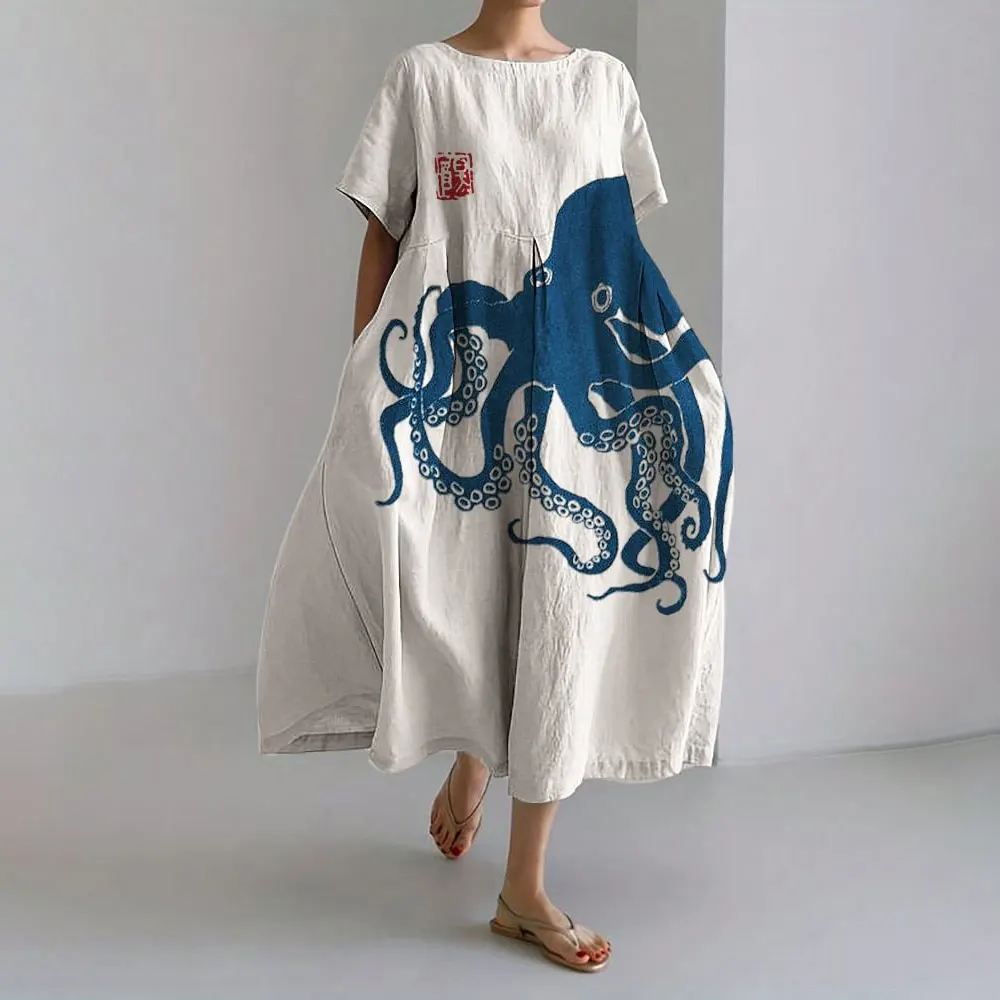 

Retro Octopus Digital Print Short Sleeve Long Dress Summer New Women Casual Elegant Dress Women Loose Crew Neck Pocket Dress