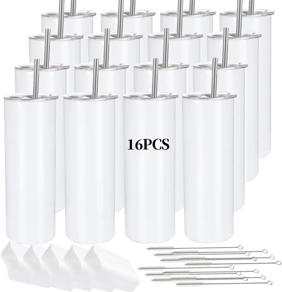 

16-Pack Straight Skinny Tumbler Blanks, 20oz for Sublimation, Insulated with Gift Boxes & Straws