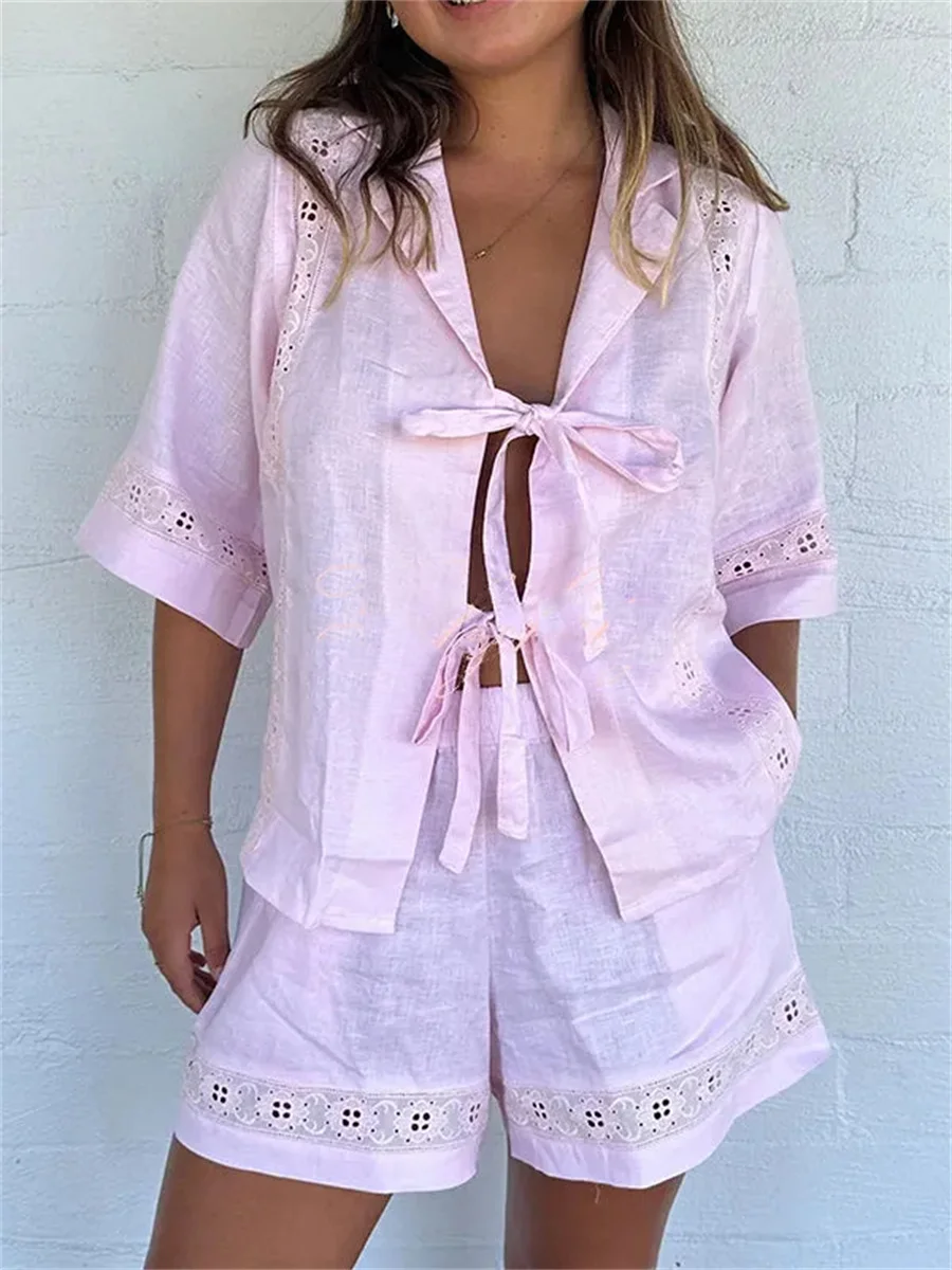 Y2k Bow Tie-up High Street Two Piece Set Women Lapel Long Sleeve Shirt Tops&Shorts Suit Club Hollow Out Lace Solid Outfits Pink