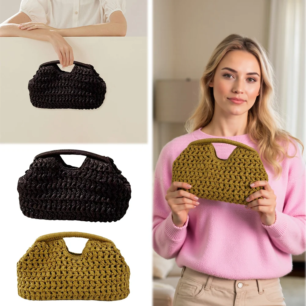 

Women Stylish Knit Shoulder Bag Large Capacity Hand Woven Clutch Bag Straw Dumpling Handbag Ladies Travel Shopping Work Date Bag