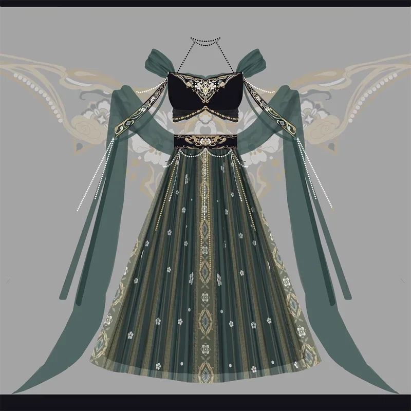 Jialan Feitian Dunhuang Han Element Ancient Western Regions Style Half Skirt and Silk Cloth Set for Green Lolita Dress