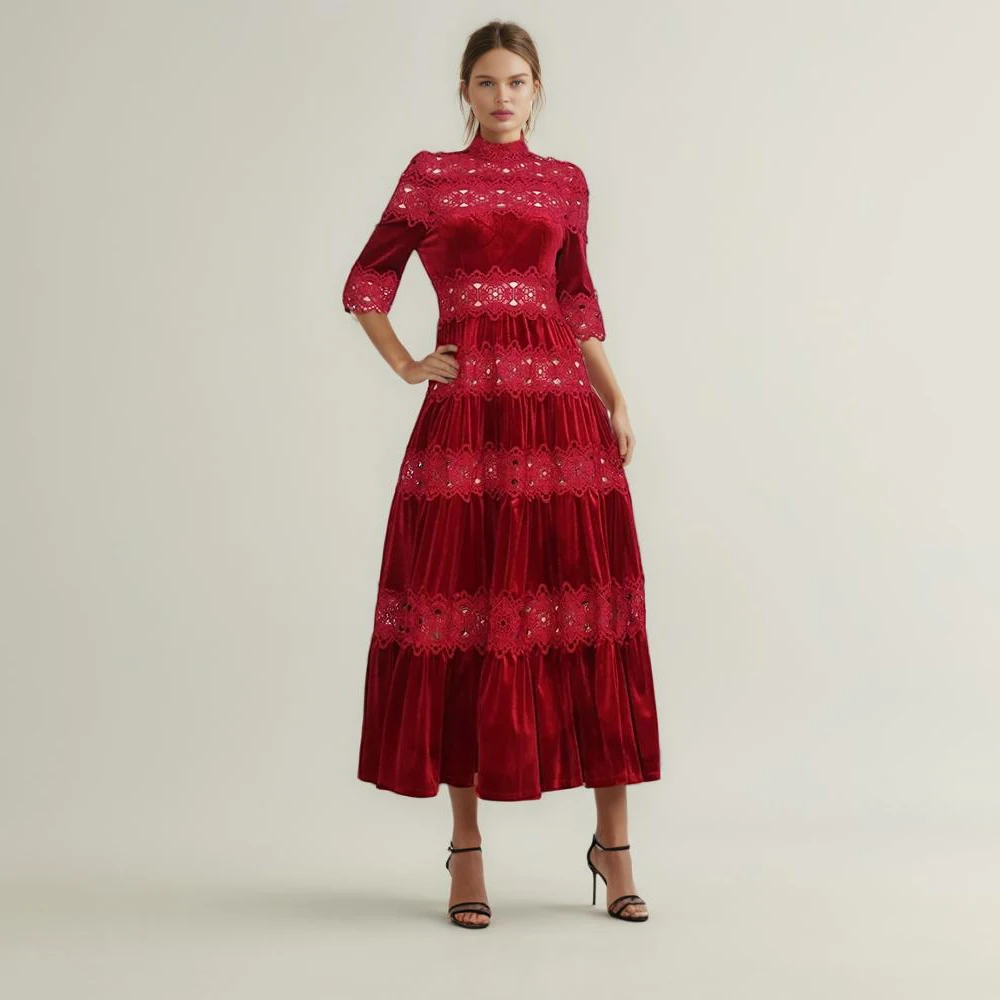 

Colorblock Embroidery Hollow Out Dresses For Women Turtleneck Half Sleeve High Waist Slimming Dress Female Fashion