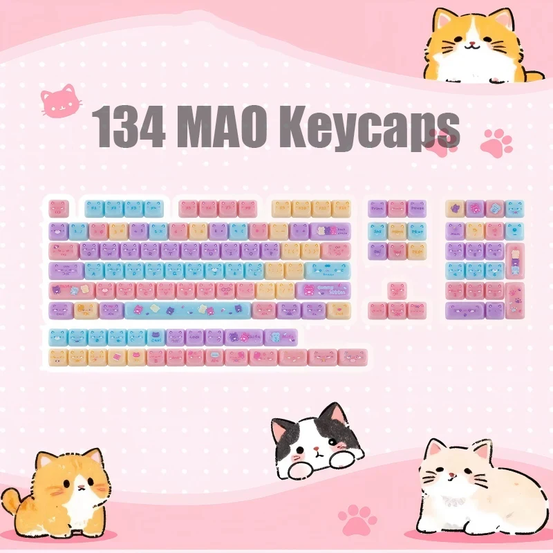 New Jelly Jade Cute Cat Keycaps,134 Keys Translucent PC MAO Profile Key Cap For MX Switch Mechanical Keyboard 60% 75% 80% 100%