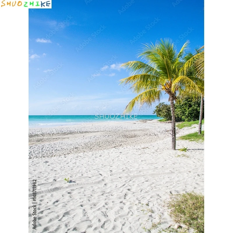 Coconut Palm Tree Island Landscape Sandy Beach Photography Backdrops Tropical Sea Blue Sky Cloud Photo Studio Background SD-08