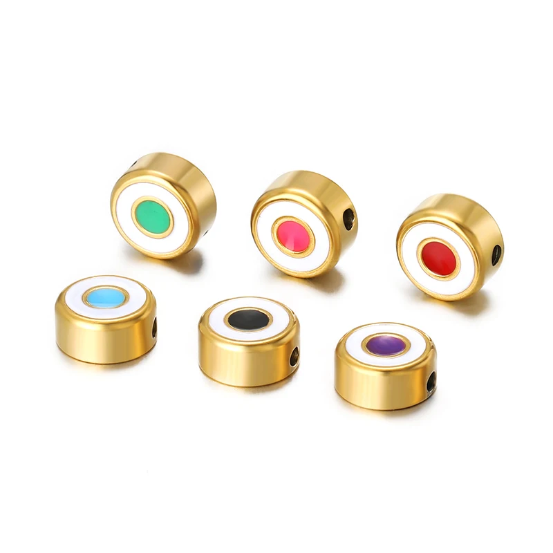 5pcs Stainless Steel Carved Round Enamel Beads Gold Color Bracelets Charms Spacers Necklaces Pendants DIY Jewelry Findings