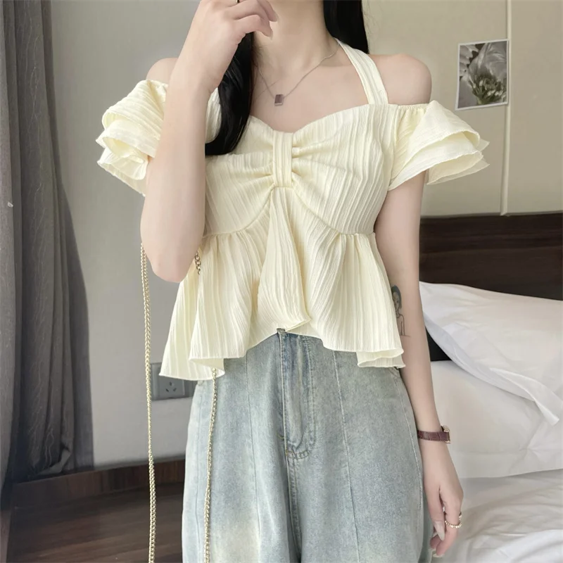 Milk Yellow Gentle Temperament Super Fairy One Shoulder Short Sleeved Shirt Women Summer Ruffled Edge Design Short Fashion Top