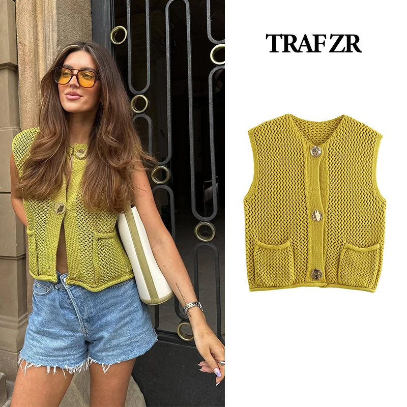 TRAF ZR Sleeveless Vests for Women Vintage Crop Knit Cardigans Outerwears Female Sweater Waistcoat Cardigan Fall Clothes 2024