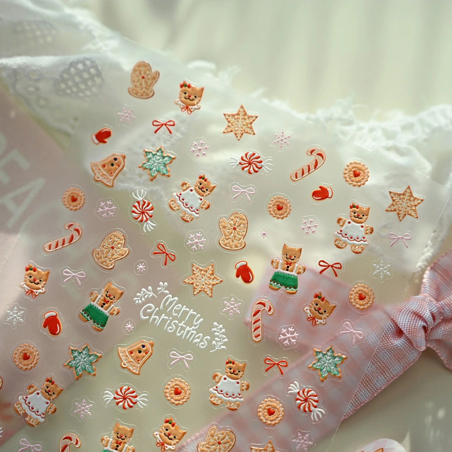 Navidad lindo galletas caramelo copo de nieve campana guantes gato pan de jengibre Bowknot 5D pegatinas de Arte de uñas en relieve calcomanías de manicura de Navidad