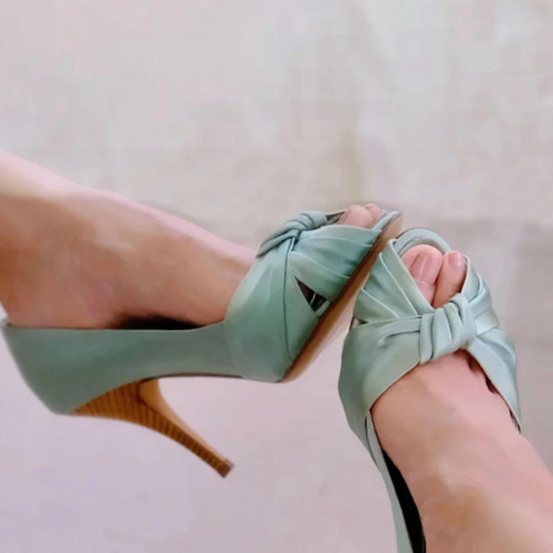 Mint Green Satin Peep Toe Mules Knotted Stiletto Pumps Woman Summer 2026 White Slip On High Heel Shoes Wedding Party Shoes