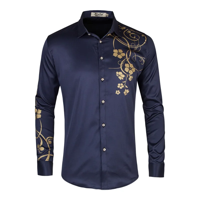 Summer New Male Long Sleeve Flower Shirt White / Black / Navy Blue Fashion Men Business Casual Top Slim Fit Clothing