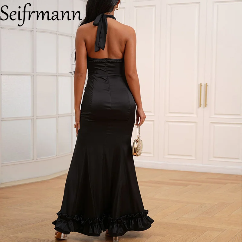 Seifrmann Women's Solid Sleeveless Slim Dress Backless Sexy Halter-Neck Hollow Out Long Dresses Evening Prom Clothes