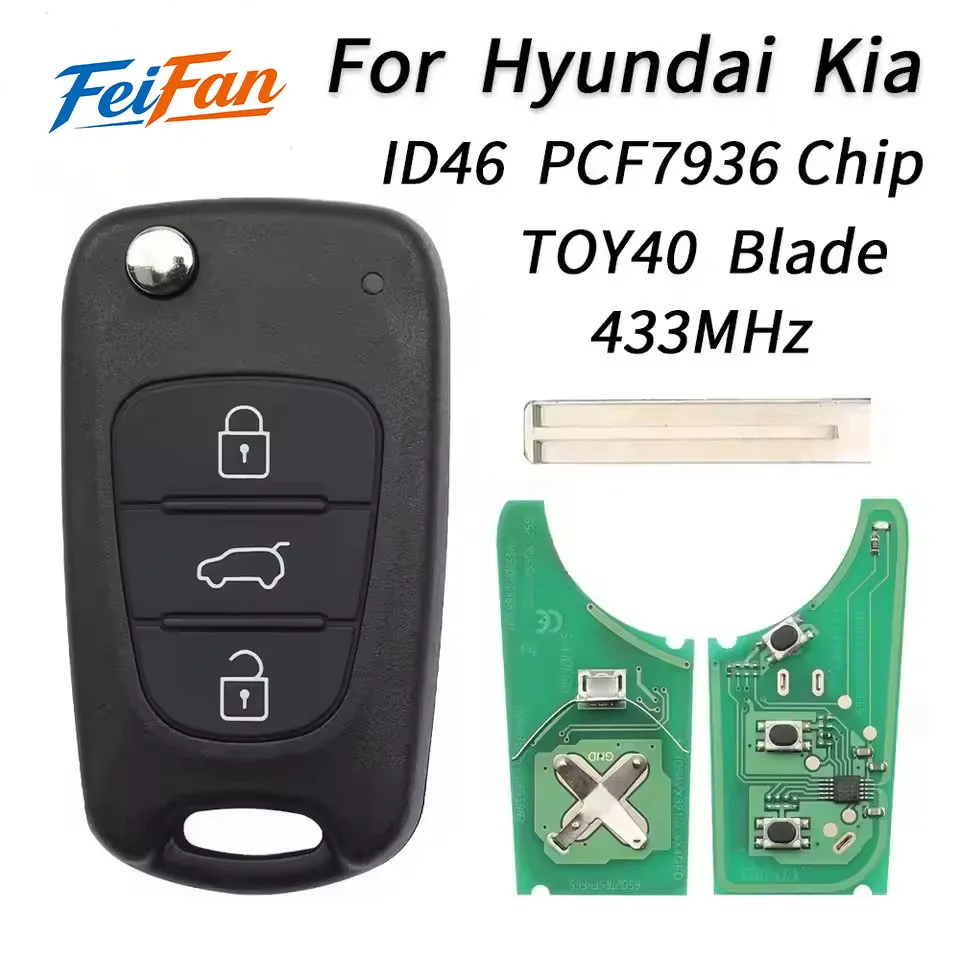 

FeiFan For Hyundai I20 I30 IX35 Avante 433Mhz ID46 Chip 3 Buttons Flip Folding Car Remote Key Fob TOY40 Blade Replacement Key