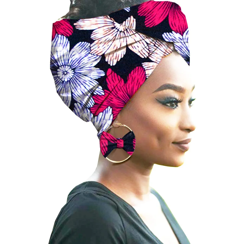 

African Print Women Head Bandana Cotton With Matching earring Balaclava Headscarf Bandana Mujer Headband Set Hair Accessories