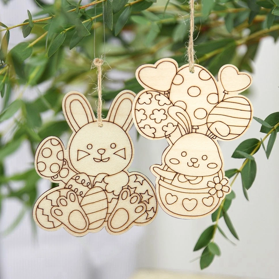 10pcs Wooden Rabbit Pendants Easter Egg Hanging Ornament For Happy Easter Home Party Decoration Kids DIY Painting Gifts Supply