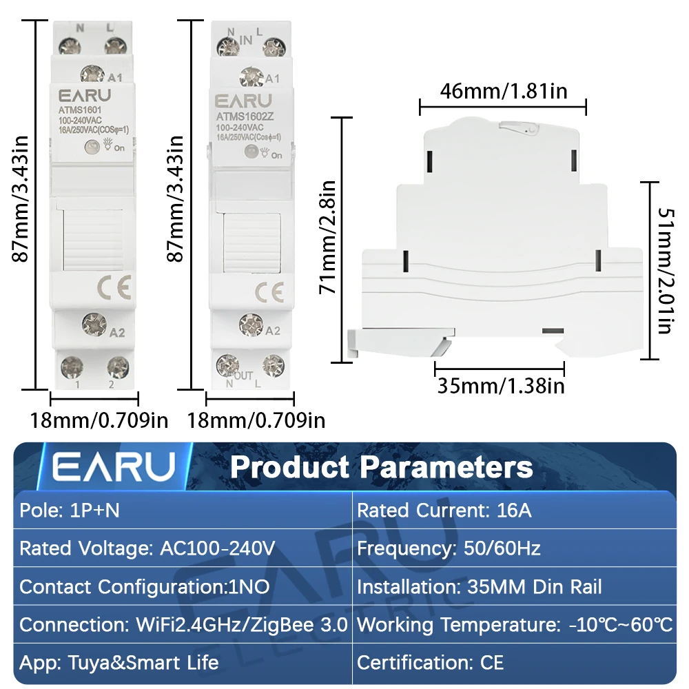 EARU Tuya Smart Life WiFi ZigBee Smart Circuit Breaker Timer Relay Power Energy kWh Voltage Current Meter Remote Control Switch