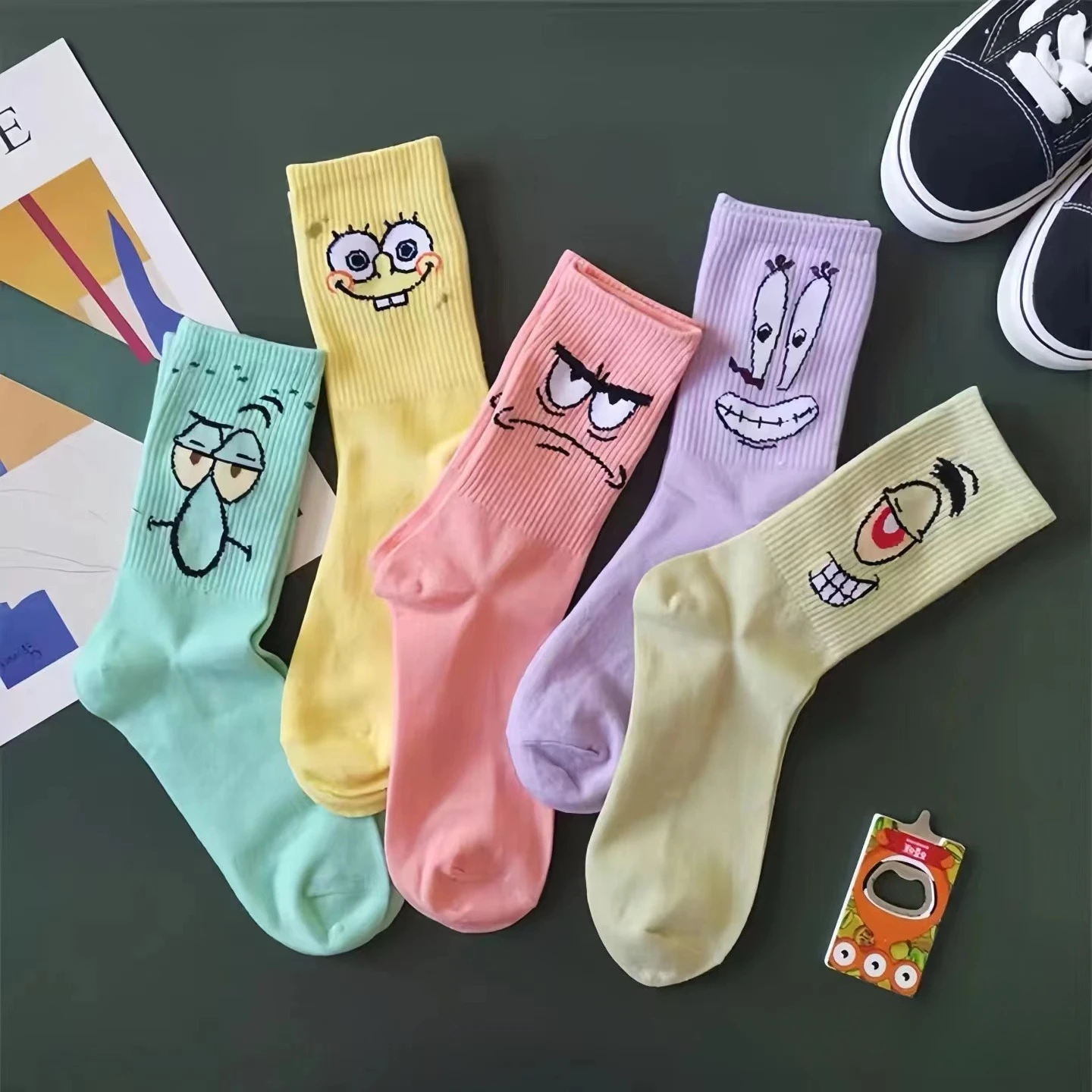 5 Pairs Kawaii SpongeBob Mid-Calf Socks Breathable Cotton Comfortable Tide Anime Socks for Boys Girls Students Birthday Gift