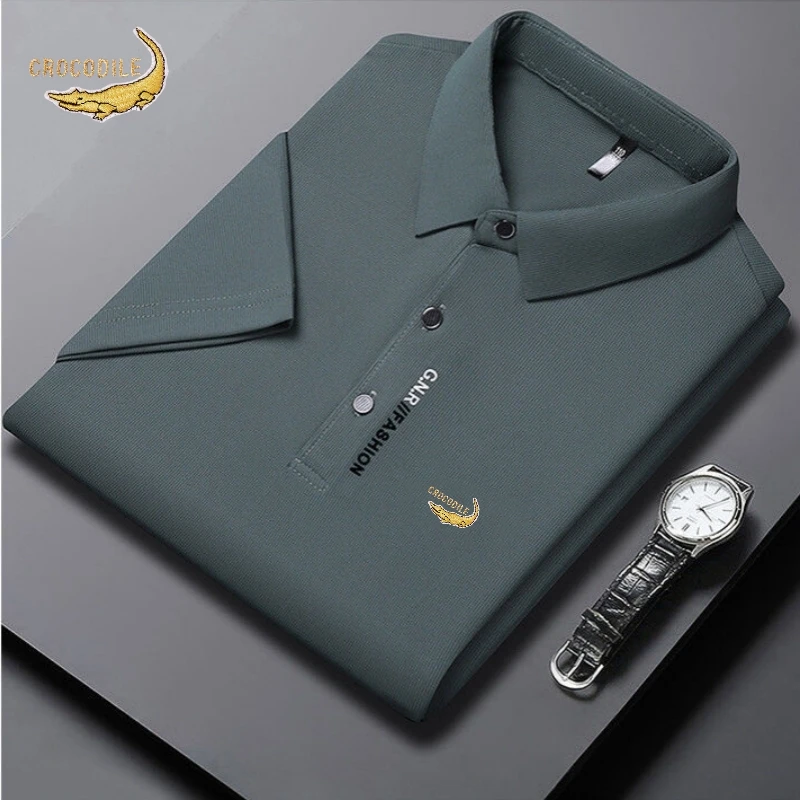 Summer New Silk Short Sleeved Polo Shirt, Men\'s High-end Luxury Fashion, Casual, Smooth, Comfortable Breathable T-shirt Top