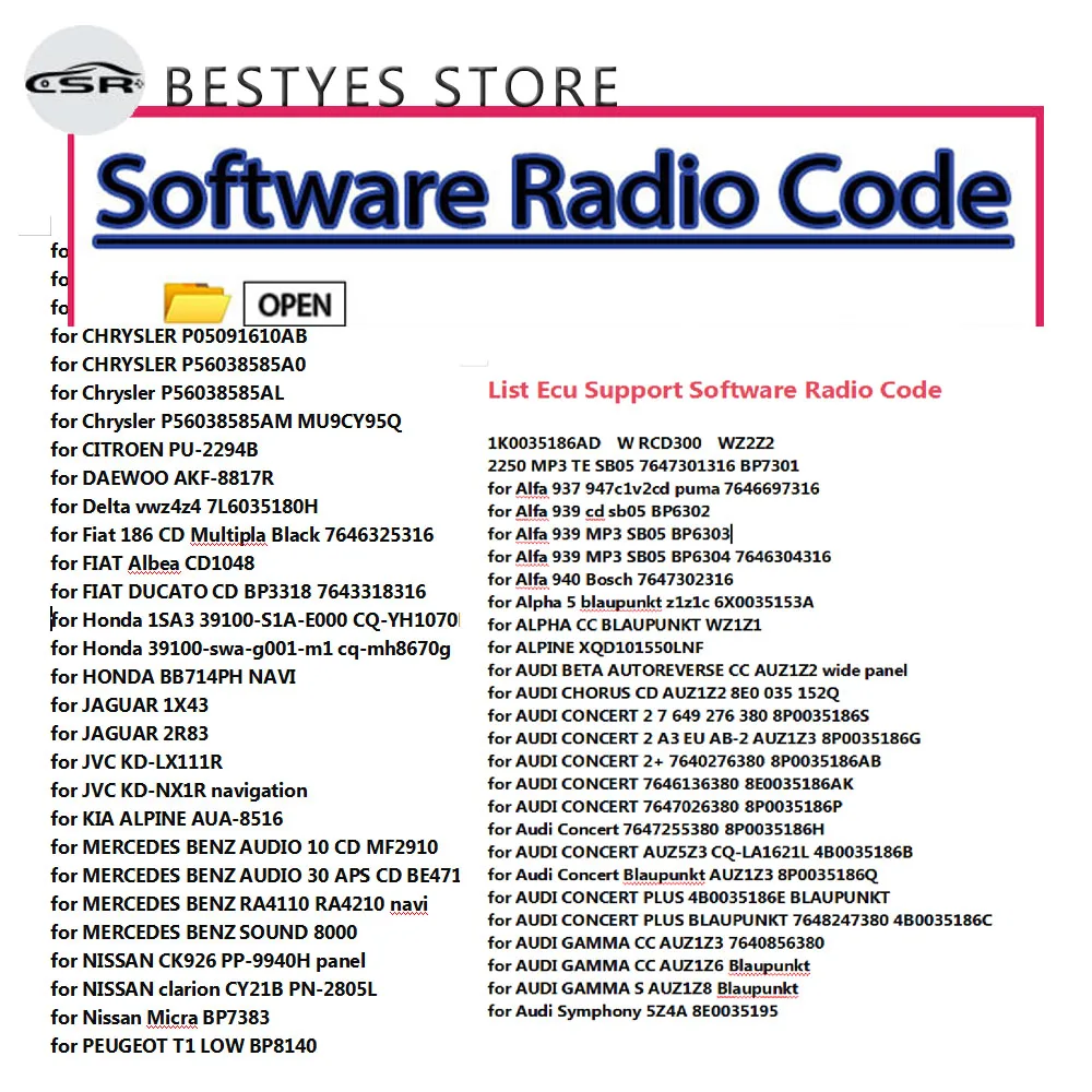 

Radio Code Original Car Software Ecu List from Eeprome Calculators Collection R CD Mp3 Auto Program Activation Radio-Code Decode