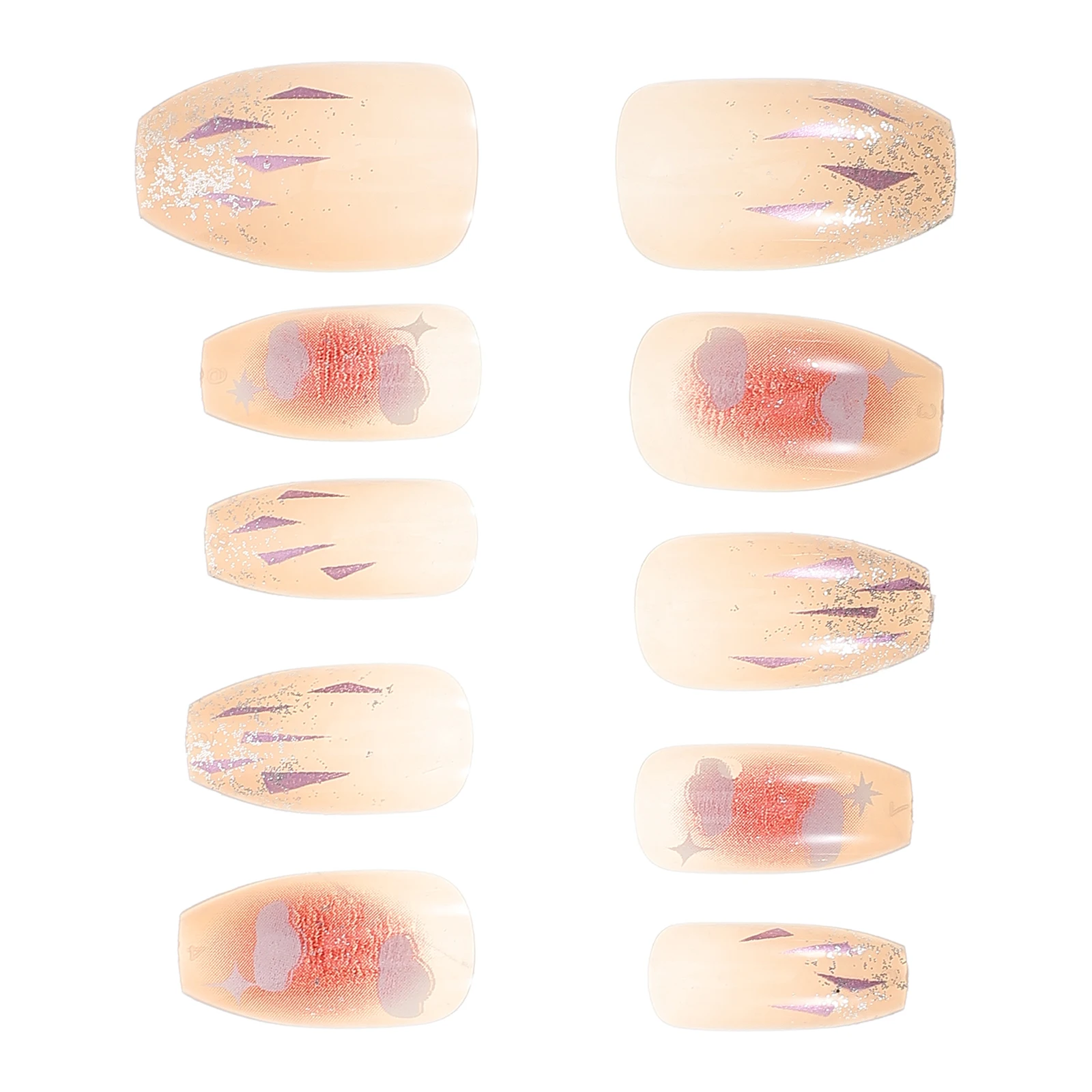 

24pcs Reusable Press On Nails Full Cover Short Coffin Shape Flower Design Sparkly Artificial Fingernails Medium Gradient Ice