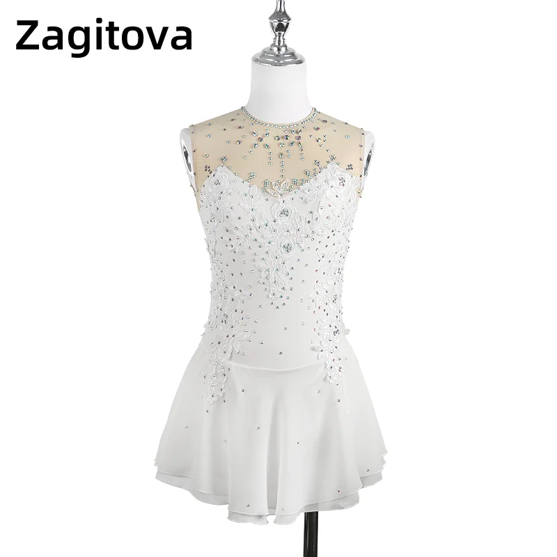 Zagitova Figure Skating Dress For Women Girls Ice Skating White Sleeveless Three-dimensional Flower Lace With Shiny Diamond