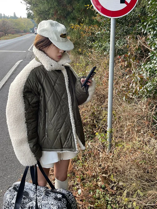 Korean Style Spliced Lamb Fur Women's Cotton Jacket Warmth Trendy Design Commute Pure Color Autumn Winter Outerwear