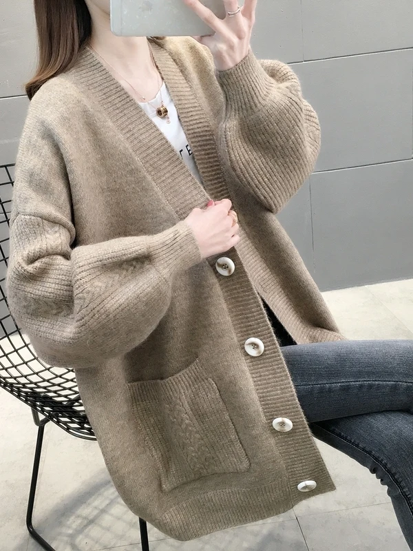 Morbido vento V-Ne lavorato a maglia cardigan aperto maglione allentato pigro da donna colore Jaet Top Primavera Autunno Inverno Faion