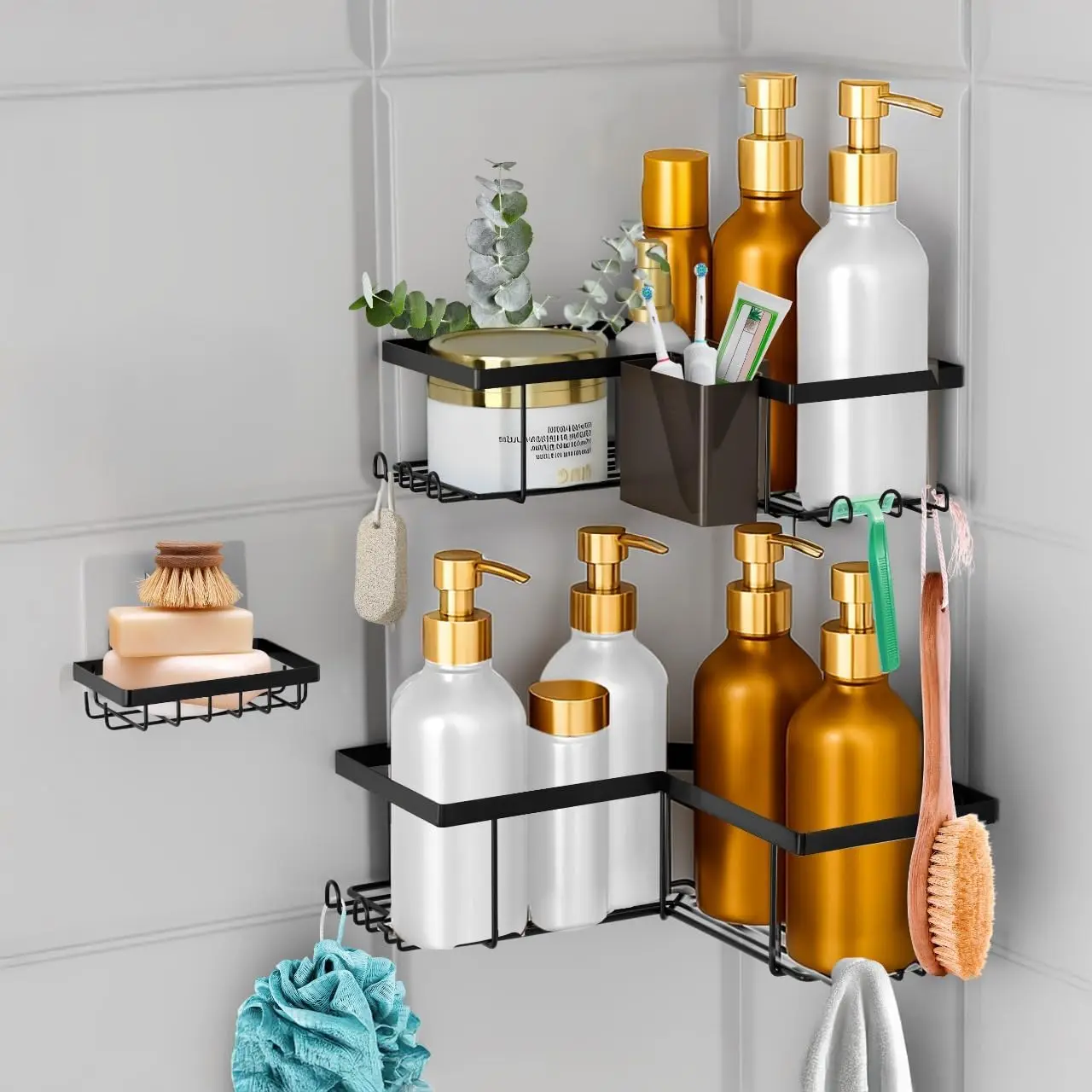 

Corner Adhesive Shower Caddy, Toothbrush Holder, Soap Holder and 12 Hooks, 4 Pack, Rustproof Material, Bathroom Organize