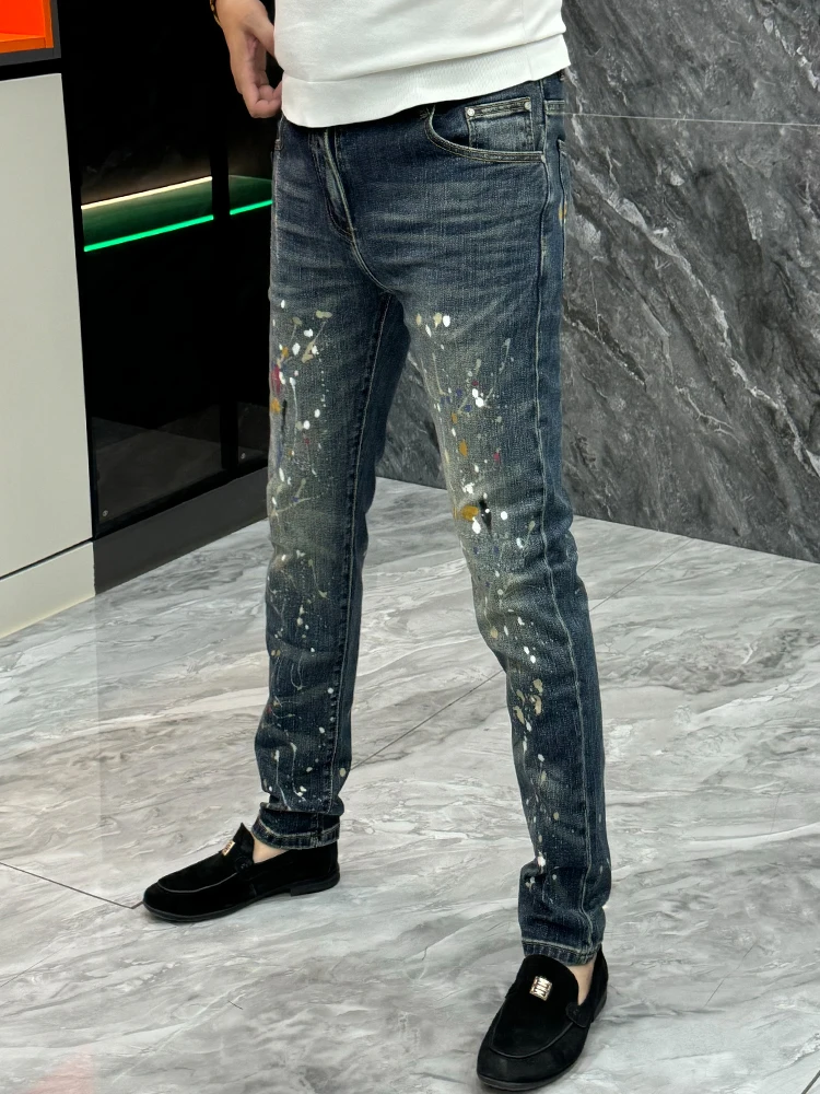 

Paint Dot Print Slim Fit Men's Jeans Faionable Spring Autumn High Waist Denim Pants Casual Wear All Seasons