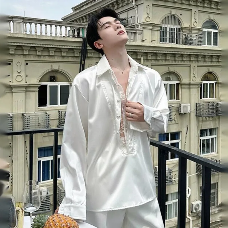 WVGA Spring Summer  New Men Fashionable Faux Two-Piece Satin Long Sleeve Shirt Niche Chic Casual Elegant Pullover Top Ins W23799