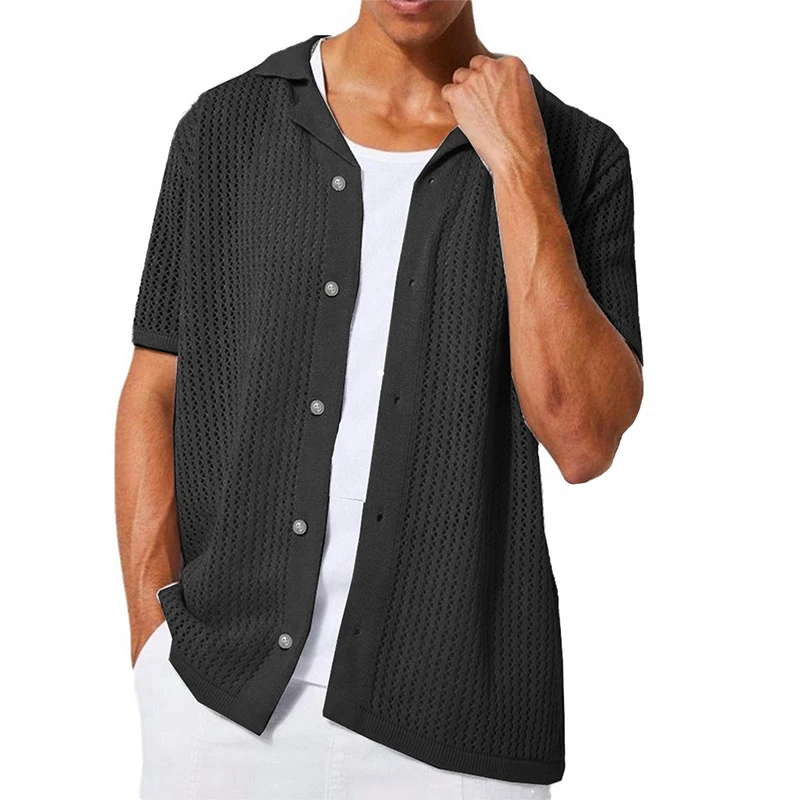 Vendita istantanea della nuova camicia da uomo casual di colore puro estivo camicia scavata cardigan a maniche corte lavorato a maglia