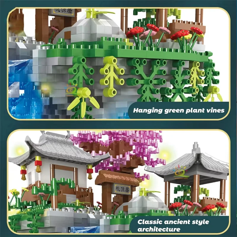 2705PCS Ancient Architecture Peach Blossom Pond Castle With Light Building Blocks Set Assembly Diamond Brick Toys Children Gifts